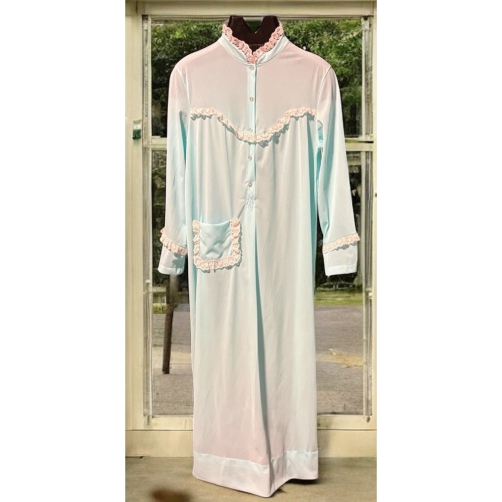 Vtg Rutledge Long Night Gown Robe Blue Lace Pocket Granny Cottage Core (M 14-16)
